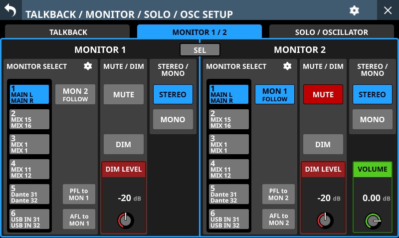 放送システムの様々な使用環境に対応する2系統のモニターバス及びOSC/トークバック (V1.5.0で対応）