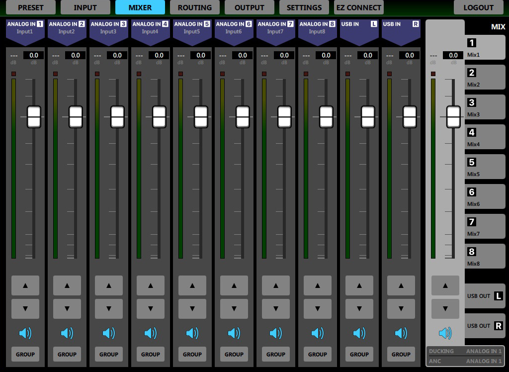 Built-in 10 in/10 out matrix mixer