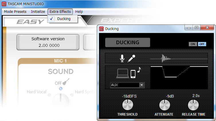 Ducking function automatically attenuates on the playback volume when talking into microphone